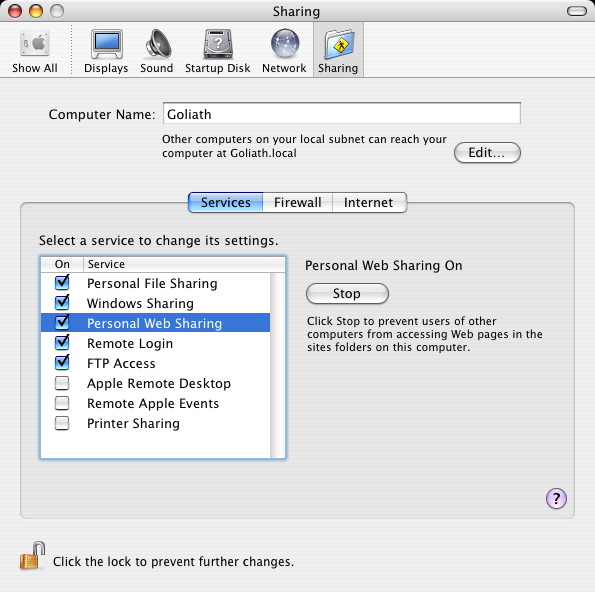 Make sure that Web Sharing is enabled Wikka Installation Screenshot