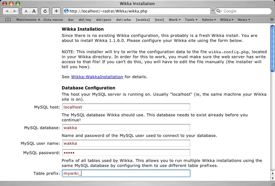 Set your DB parameters Wikka Installation Screenshot