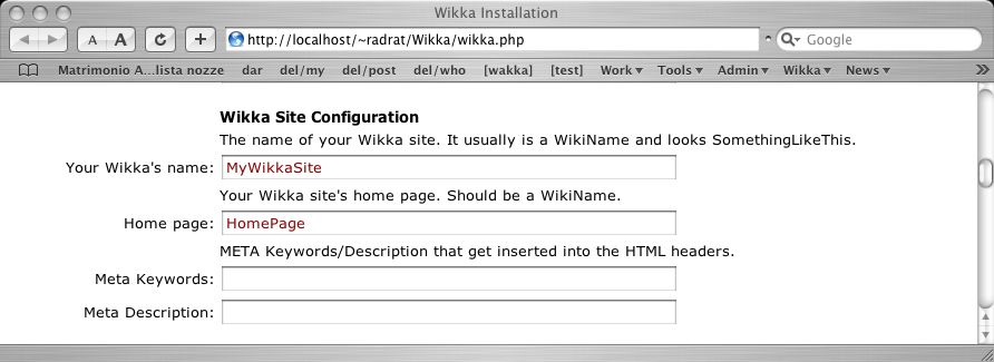 Fill in some general information Wikka Installation Screenshot