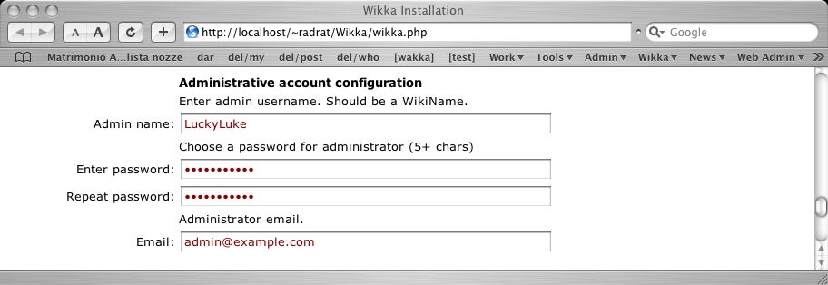 Add an Admin login Wikka Installation Screenshot