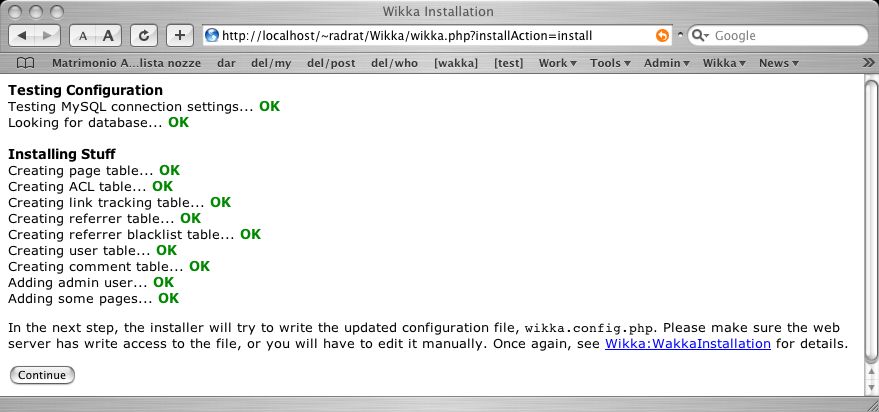The DB installation was successful! Wikka Installation Screenshot