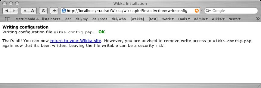 The writing of the configuration was successful! Wikka Installation Screenshot