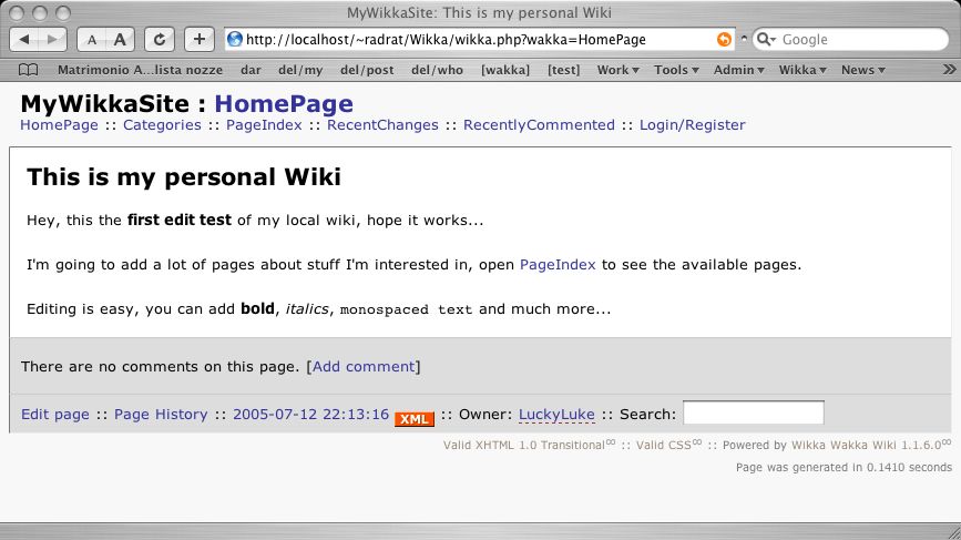 Save and display the modified page Wikka Installation Screenshot