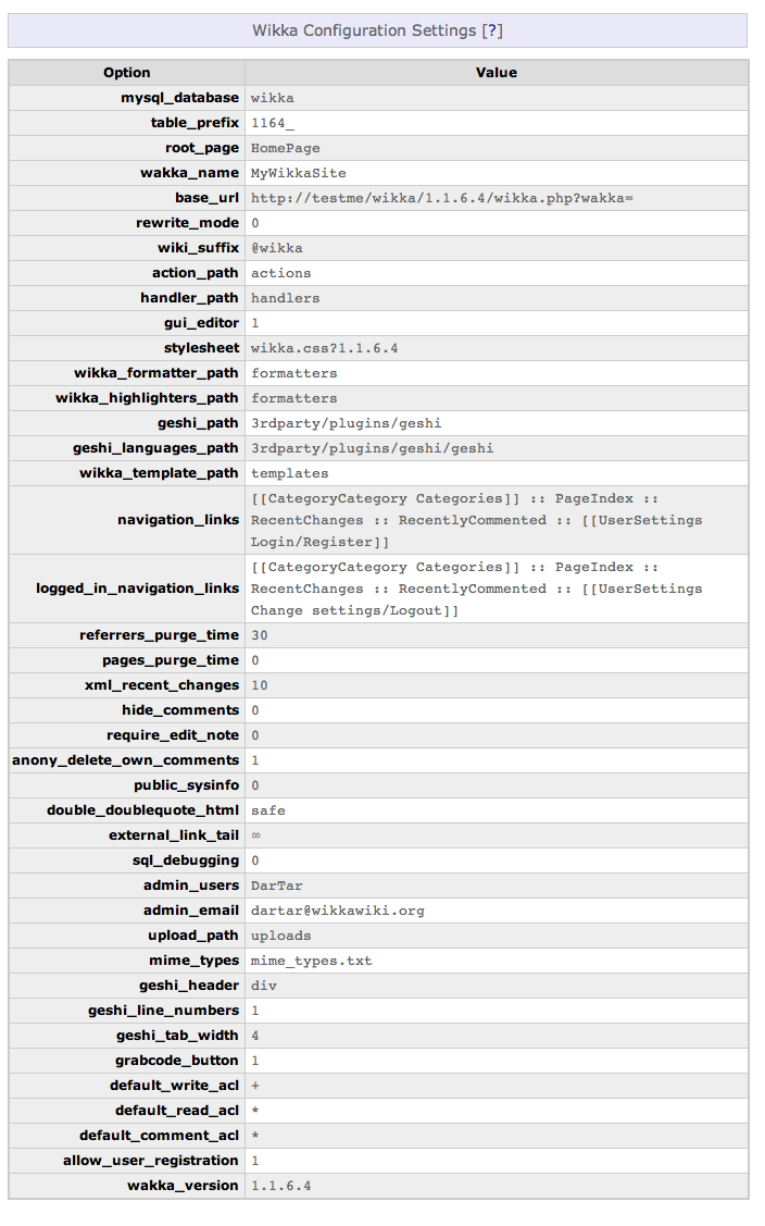 Sample output for wikkaconfig action wikkaconfig screenshot